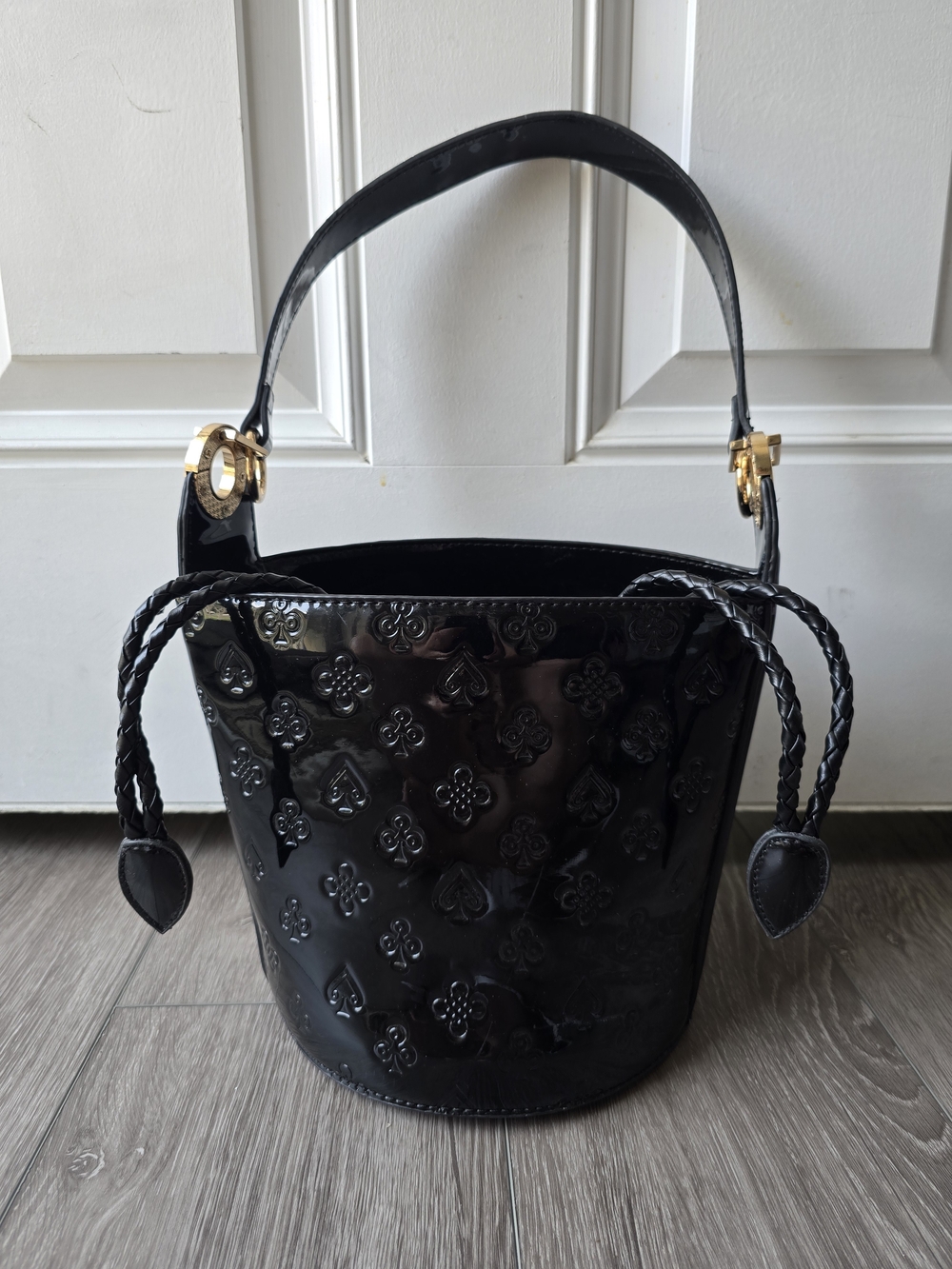 Eternel Black Patent Bucket Bag Embossed Spade Club Poker Print Gold Hardware